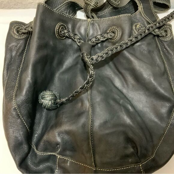 Fossil Black Leather Bucket Bag Braided Drawstring Shoulder Strap white stitches - Picture 13 of 16